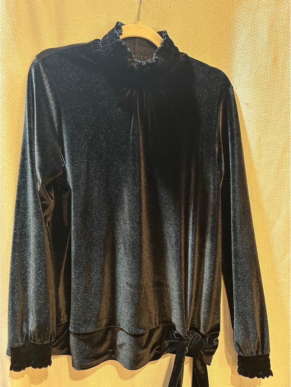 Women's Black Velvet Long Sleeve Top with Ruffled Neck and Tie Detail, Size M